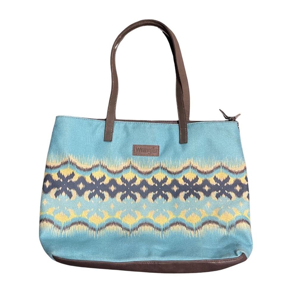 Wrangler Canvas Aztec Tote Bag Southwestern Brown Leather Handles Western Cowboy